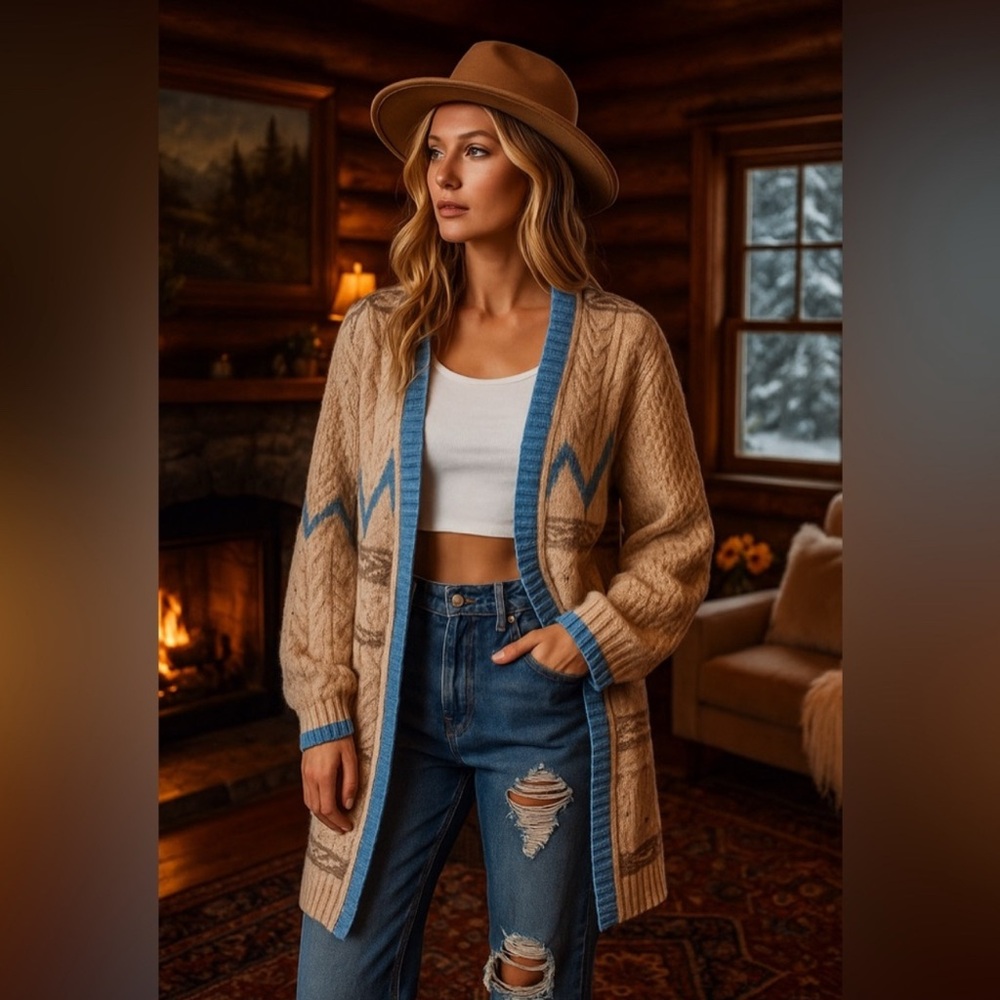 POL Cream Western Aztec Print Open Front Knit Cardigan Sweater with Pockets - Picture 7 of 10